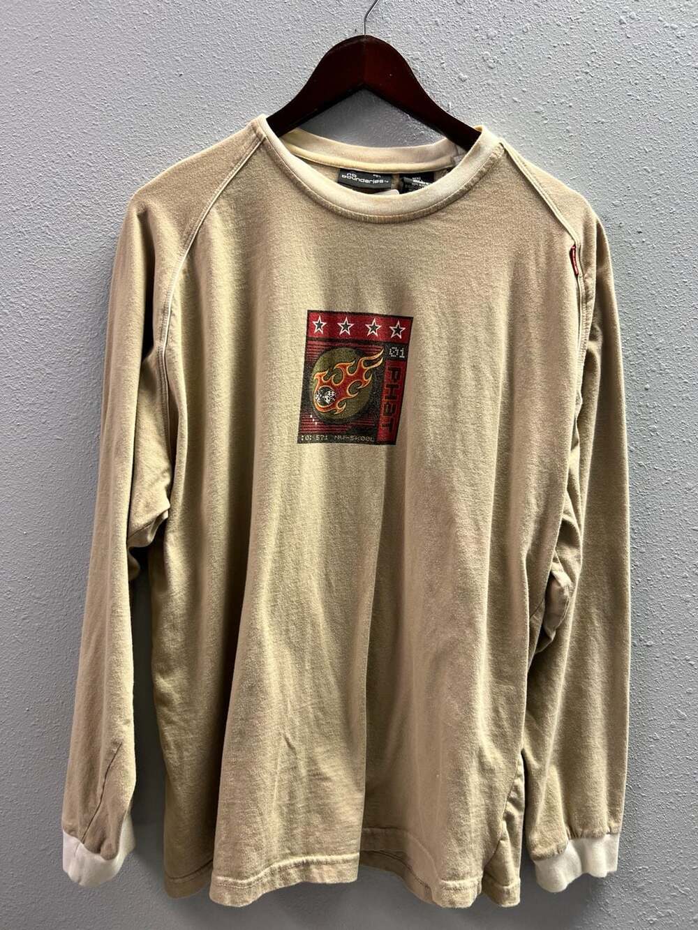 Vintage Y2K No Boundaries Tan Long Sleeve Flame Dice Phat Skate large 0017